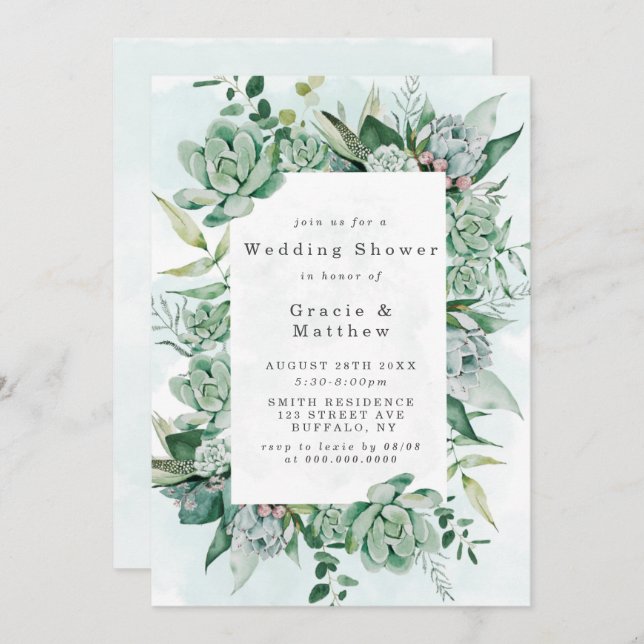 Boho Succulent verdure Invitations Wedding showers (Devant / Derrière)