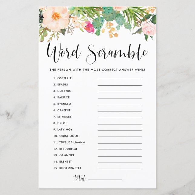 Boho Succulents Baby Word Scramble Showspiel (Vorderseite)