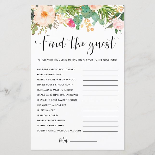 Boho Succulents Floral Finden Sie das Gast-Spiel (Vorderseite)