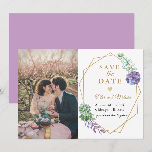 Boho Succulents Save the Date Foto Lavender Ankündigung (Vorne/Hinten)