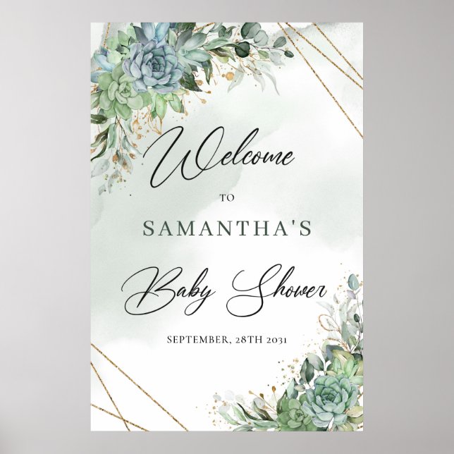 Boho succultus eucalyptus gold Babydusche Begrüßun Poster (Vorne)