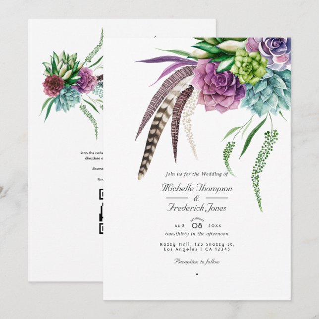 Boho Sukkulente Pflanze QR Code UAWG Wedding Einladung (Vorne/Hinten)