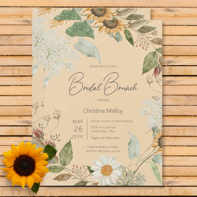 Boho Summer Sunflower & Daisy Gold Bridal Brunch Einladung (Boho Summer Sunflower & Daisy Gold Bridal Brunch Invitation)