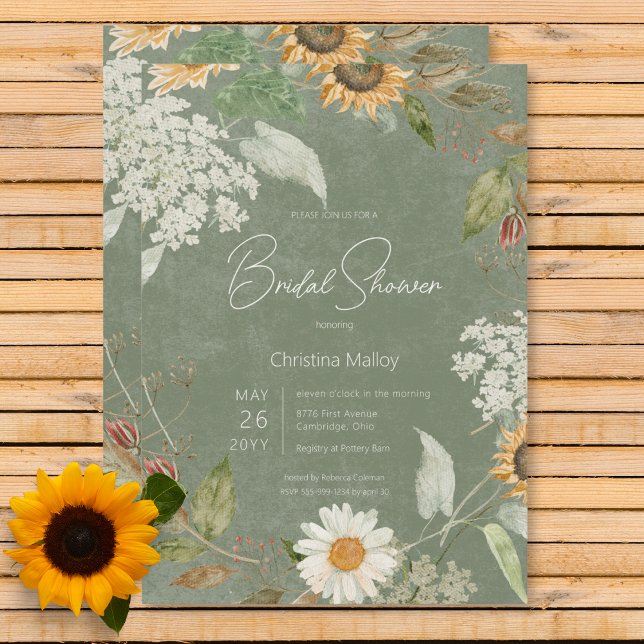 Boho Summer Sunflower & Daisy Green Brautparty Einladung (Boho Summer Sunflower & Daisy Green Bridal Shower Invitation)