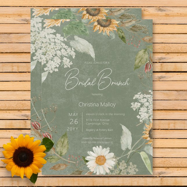 Boho Summer Sunflower & Daisy Green Bridal Brunch Einladung (Boho Summer Sunflower & Daisy Green Bridal Brunch Invitation)