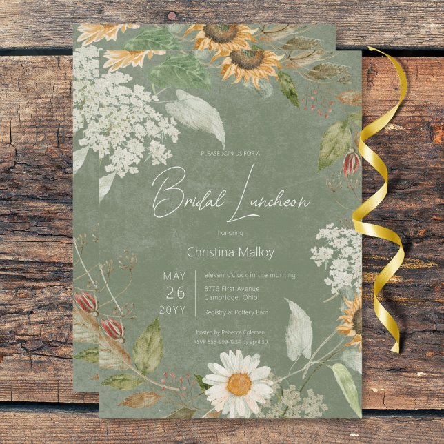 Boho Summer Sunflower & Daisy Green Bridal Mittage Einladung (Boho Summer Sunflower & Daisy Green Bridal Lunch Invitation)