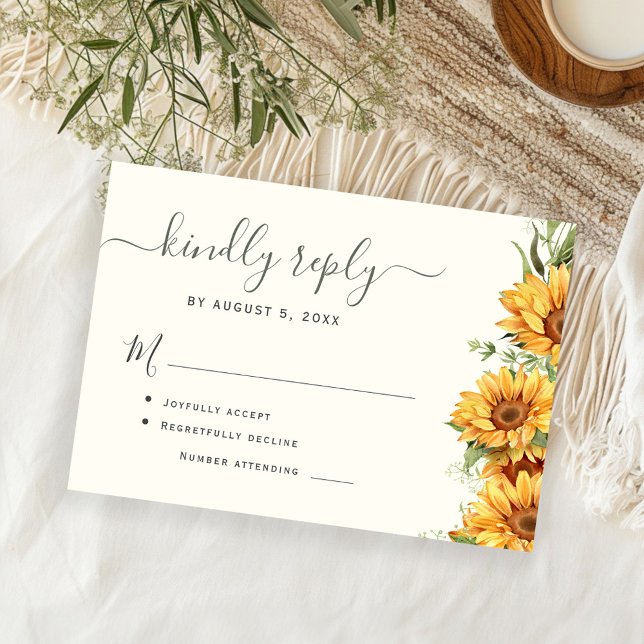 Boho summer sunflower garden black white wedding RSVP karte (Von Creator hochgeladen)