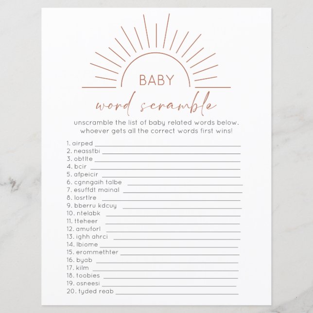Boho Sun Baby Shower Game Card (Vorderseite)