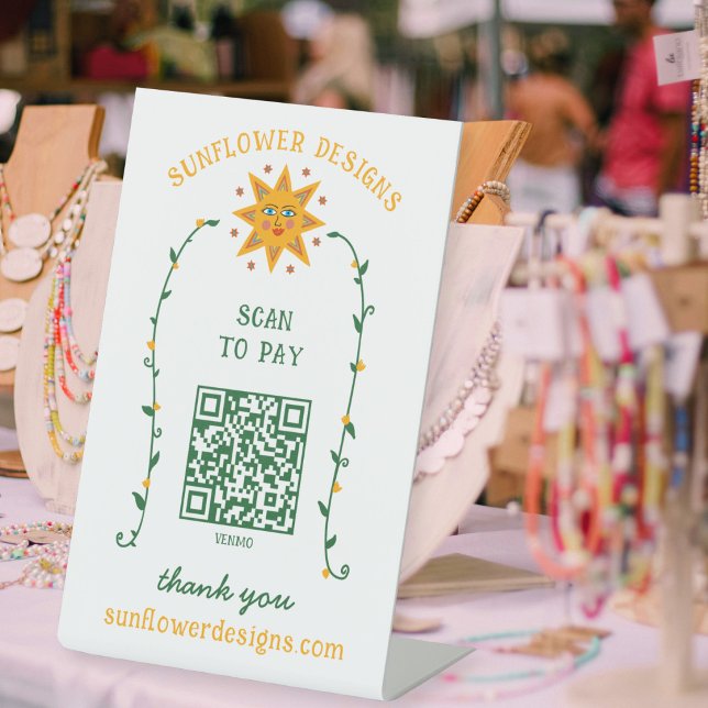 BOHO SUN Blumen Reben SCAN TO PAY QR CODE  Sockelschild (BOHO SUN Flowers Vines SCAN TO PAY QR CODE Pedestal Sign
)