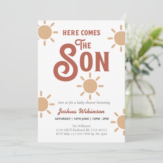 Boho Sun hier kommt die Son Baby Dusche Einladung (Stehend Vorderseite)