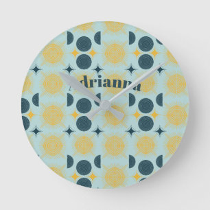 Boho Sun Moon Stars Baby Blue Yellow Personalisier Runde Wanduhr