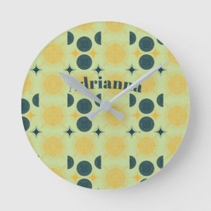 Boho Sun Moon Stars Minz Blue Yellow Personalisier Runde Wanduhr