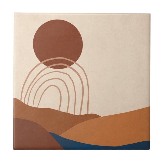 Boho Sun Rainbow Landscape Rust Tan Blue Brown Fliese (Vorderseite)