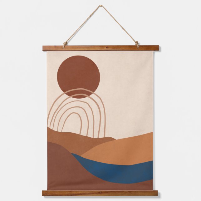 Boho Sun Rainbow Landschaft Terracotta Beige Blau Wandteppich Mit Holzrahmen (Vorderseite)
