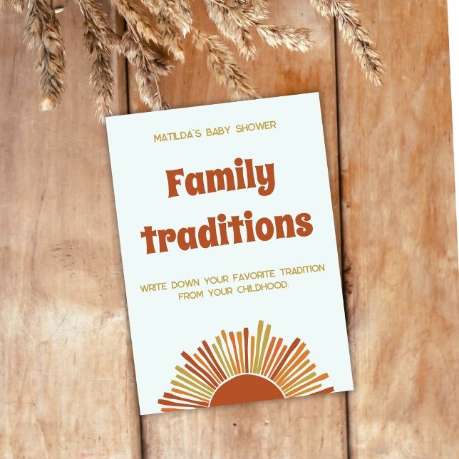 Boho Sun Retro Familie Traditionelles Baby Duschsp Karte (family traditions baby shower activity boho sunshine baby shower retro burned yellow orange brown)