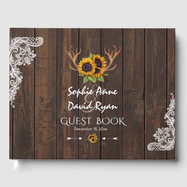 Boho Sunblumen Antlers Wood Lace Wedding Gästebuch (Vorderseite)