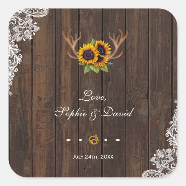 Boho Sunblumen Antlers Wood Lace Wedding Quadratischer Aufkleber (Vorderseite)
