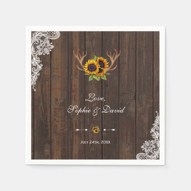 Boho Sunblumen Antlers Wood Lace Wedding Serviette (Vorderseite)
