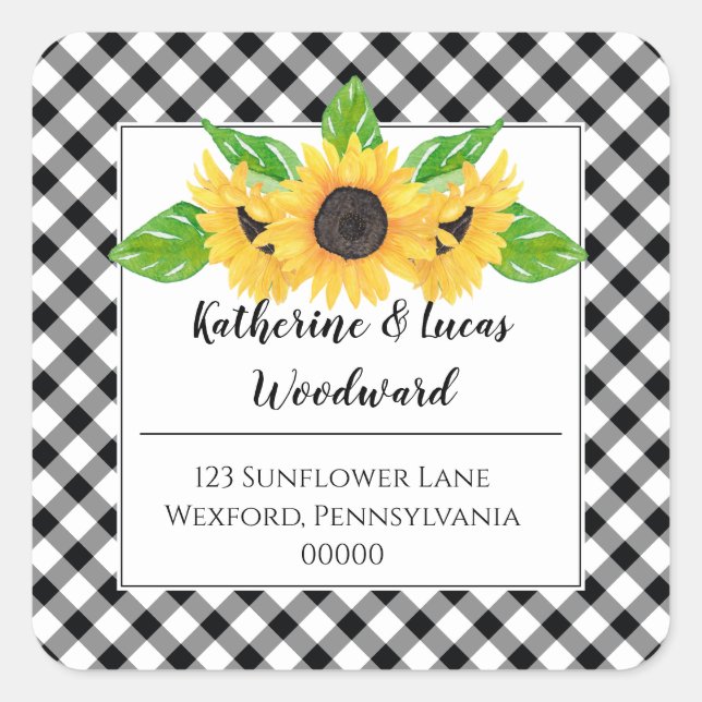 Boho Sunblumen | BW Buffalo Karos Rücksendeadresse Quadratischer Aufkleber (Vorderseite)