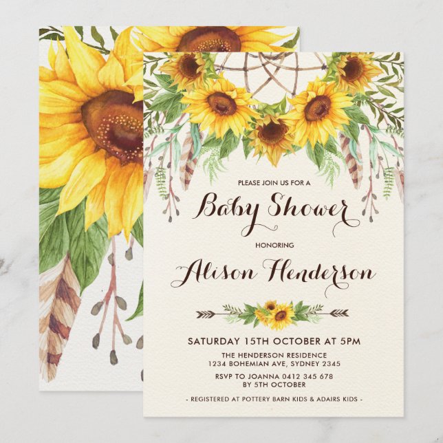 Boho Sunflower Baby Dusche Summer Dreamcatcher Einladung (Vorne/Hinten)