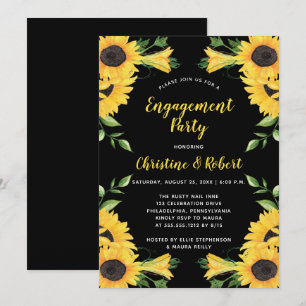 Boho Sunflower   Black Engagement Party Einladung