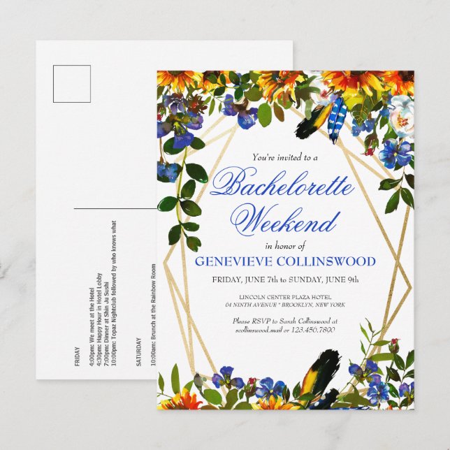 Boho Sunflower Blue Bachelorette Wochenende Einladungspostkarte (Vorne/Hinten)