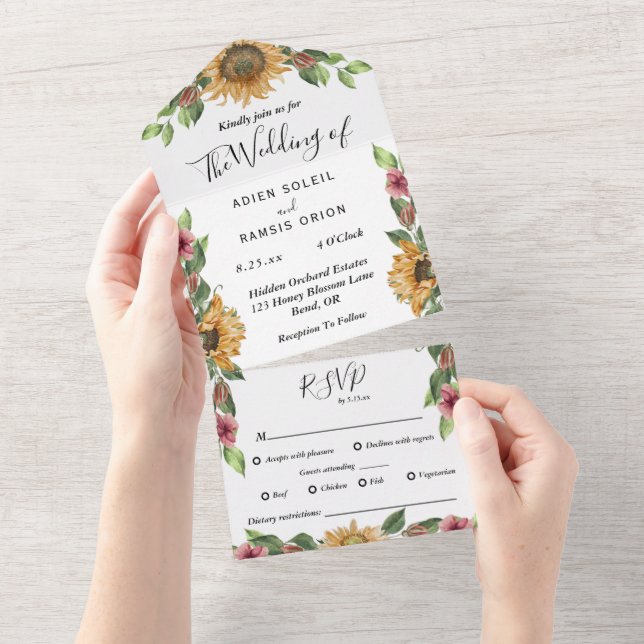 Boho Sunflower Diätbeschränkungen UAWG Hochzeit All In One Einladung (Abreißen)