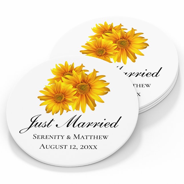 Boho Sunflower Elegante Floral Just Married Weddin Runder Pappuntersetzer (Von Creator hochgeladen)