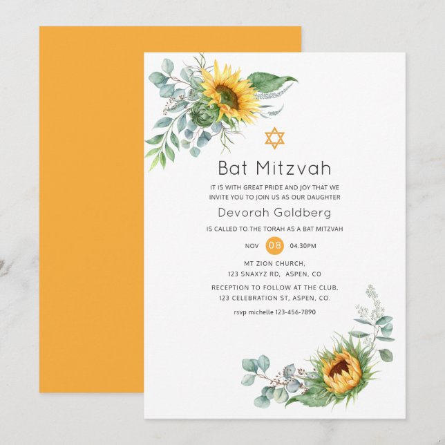 Boho Sunflower Eucalyptus Bat Mitzvah Einladung (Vorne/Hinten)
