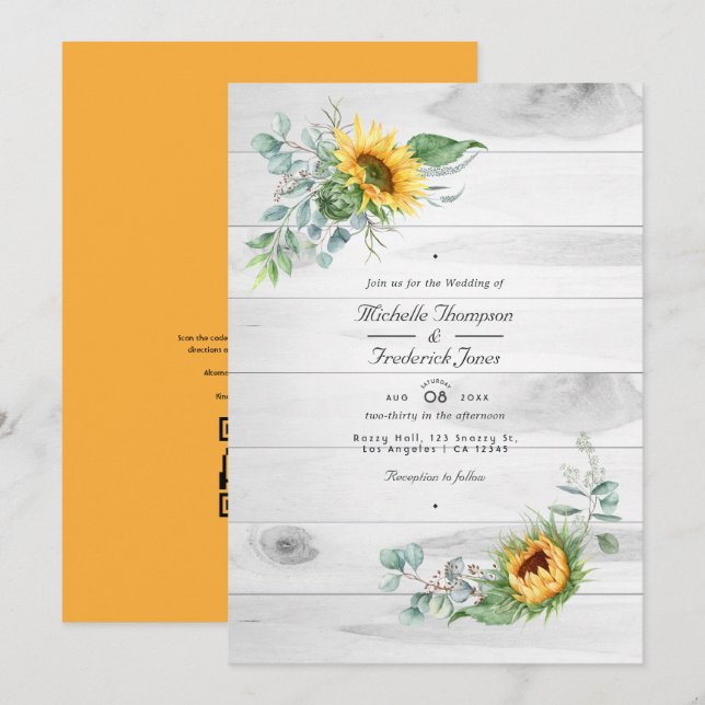 Boho Sunflower Eucalyptus QR Code UAWG Wedding Einladung (Vorne/Hinten)