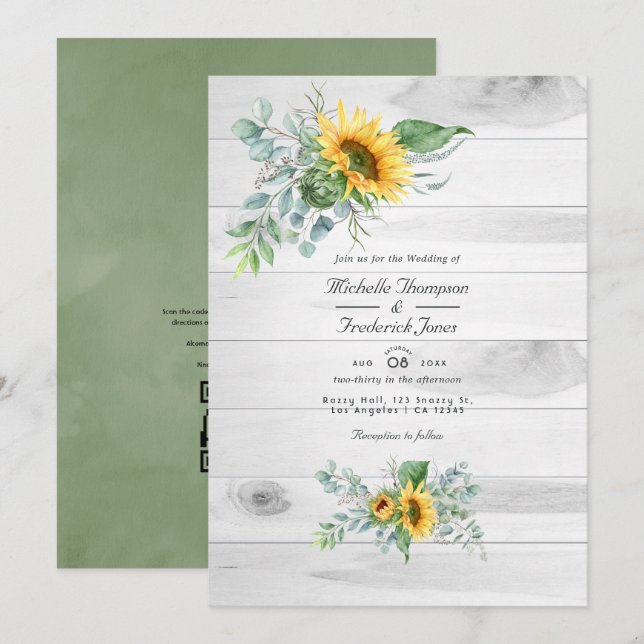 Boho Sunflower Eucalyptus Rustic Country Wedding Einladung (Vorne/Hinten)
