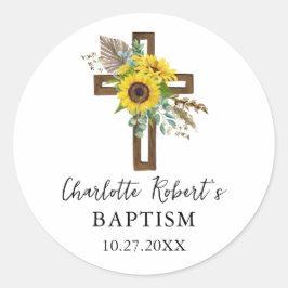 Boho Sunflower & Eucalyptus Rustic Cross Baptism Runder Aufkleber