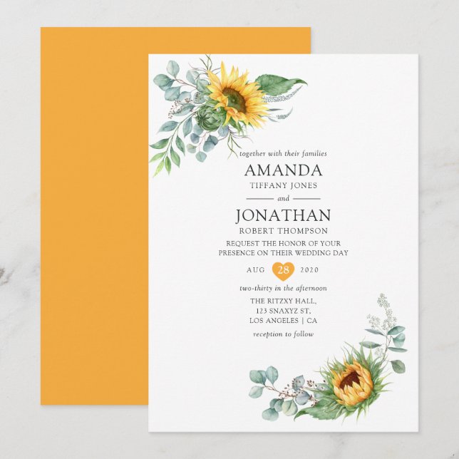 Boho Sunflower Eucalyptus Wedding Einladung (Vorne/Hinten)