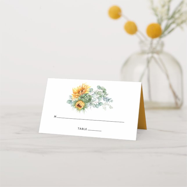 Boho Sunflower Eucalyptus Wedding Platzkarte (Vorderseite)