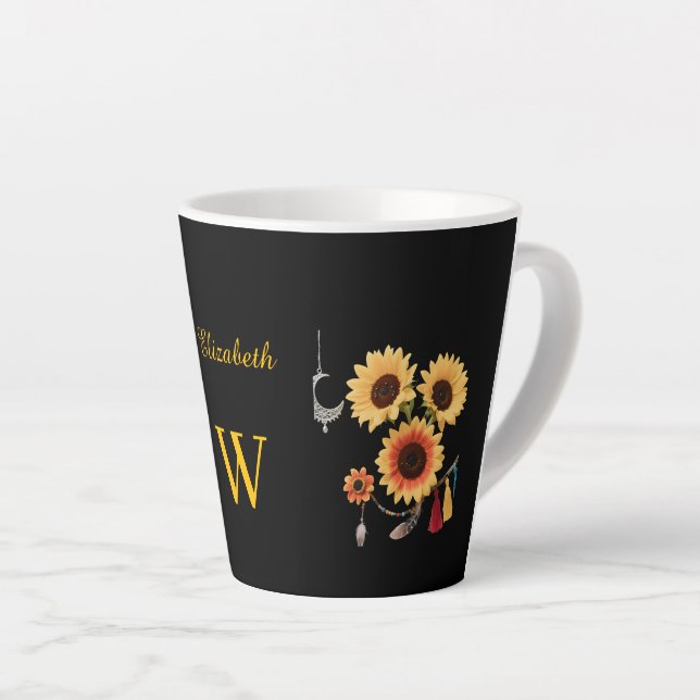 Boho Sunflower Individuelle Name Blumengeschenk Sc Milchtasse (Rechte Ecke)