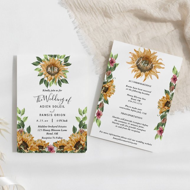 Boho Sunflower Monogram Wedding Details in einem Einladung (Von Creator hochgeladen)
