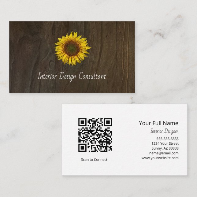 Boho Sunflower QR code Rustic Barn Wood Visitenkarte (Vorne/Hinten)
