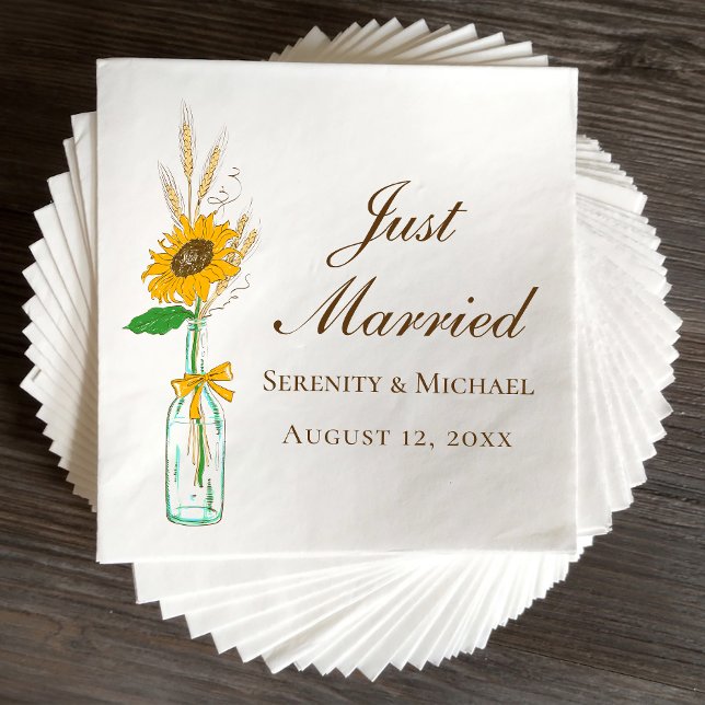 Boho Sunflower Rustic Floral Just Married Wedding Serviette (Von Creator hochgeladen)