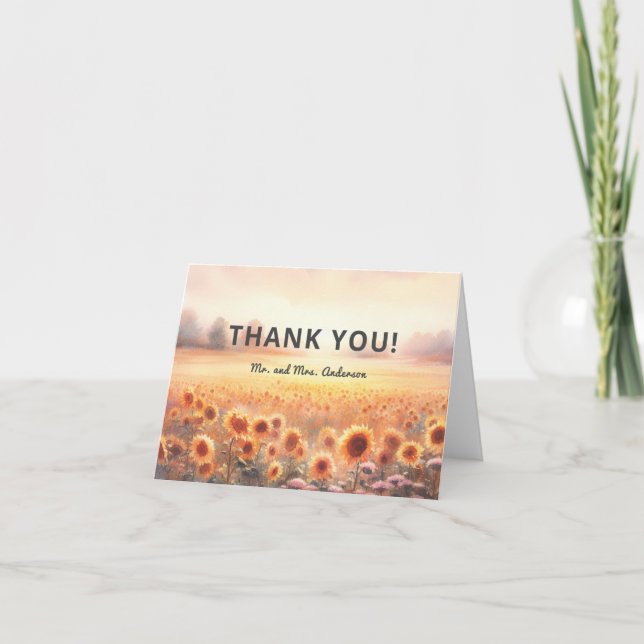 Boho Sunflower Rustic Watercolor Country Wedding Dankeskarte (Vorderseite)