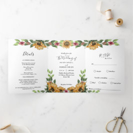 Boho Sunflower Rustic Wildblume Wedding Dreifach Gefaltete Einladung