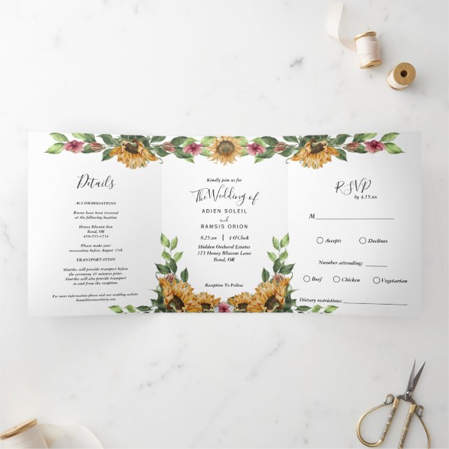 Boho Sunflower Rustic Wildblume Wedding Dreifach Gefaltete Einladung (Innenseite)