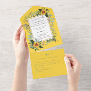 Boho Sunflower Sage Greenerity Wedding All In One Einladung