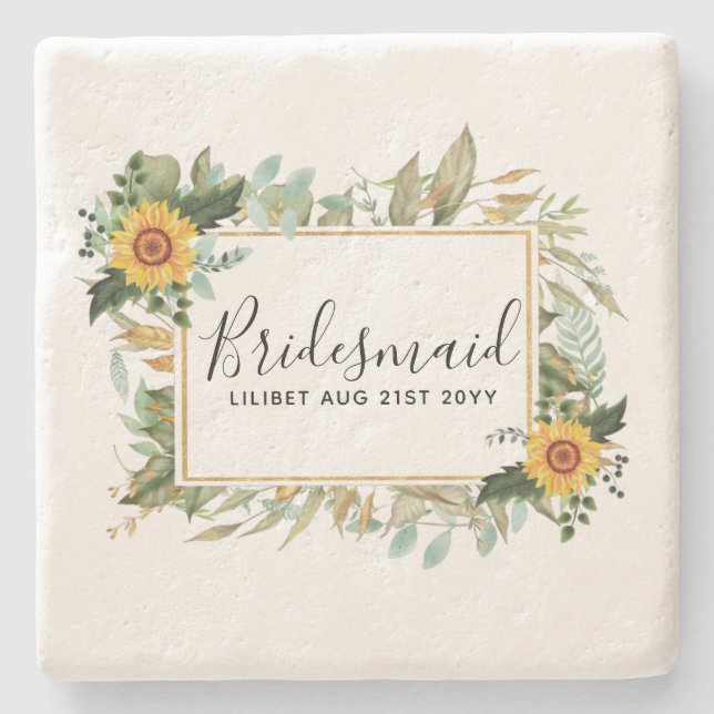 Boho Sunflower Sage Greenerity Wedding Steinuntersetzer (Vorderseite)