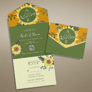 Boho Sunflower Wedding QR Code All In One Einladung