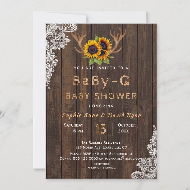 Boho Sunflowers Antlers BaBy-Q Babydusche Einladung (Vorderseite)