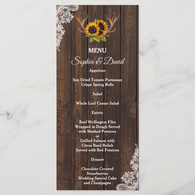 Boho Sunflowers Antlers Wood Lace Wedding Menu Menükarte (Vorderseite)