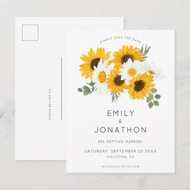 Boho Sunflowers Florals Rustic Save the Date Ankündigungspostkarte (Vorne/Hinten)