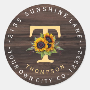 Boho Sunflowers Monogram Circle Address Label Runder Aufkleber