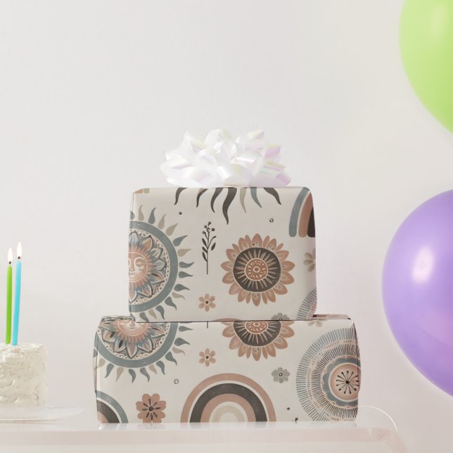 Boho Suns, Rainbows und Florals Geschenkpapier (Partygeschenke)