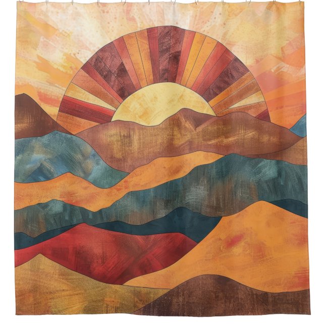 Boho Sunset Over Mountains - Retro Erthy Landschaf Duschvorhang (Vorderseite)